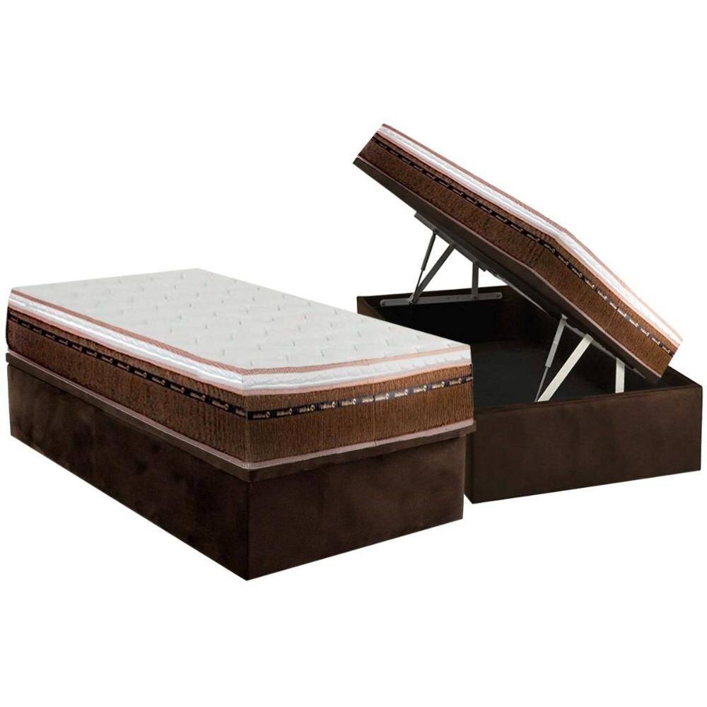 Cama Box Baú Solteiro: Colchão Molas Ensacadas Luckspuma New Comfort + Base CRC Suede Brown (88x188)