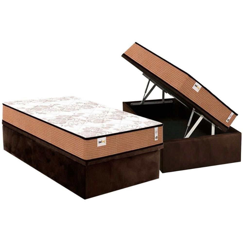 Cama Box Baú Solteiro: Colchão Molas Bonnel Plumatex Ensacadas Smart Classic + Base CRC Suede Brown (88x188)