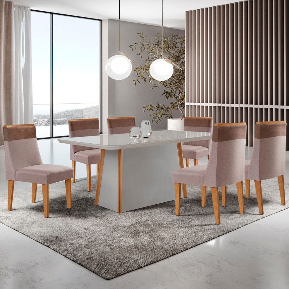 Mesa de Jantar Diane 180cm Tampo MDF Com Vidro com 6 Cadeiras Andes Moderna Mobília