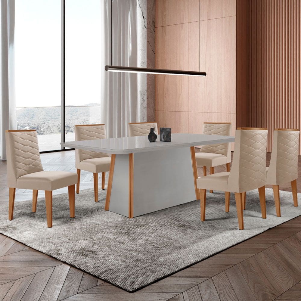 Mesa de Jantar Diane 180cm Tampo MDF Vidro com 6 Cadeiras Safira Moderna Mobília