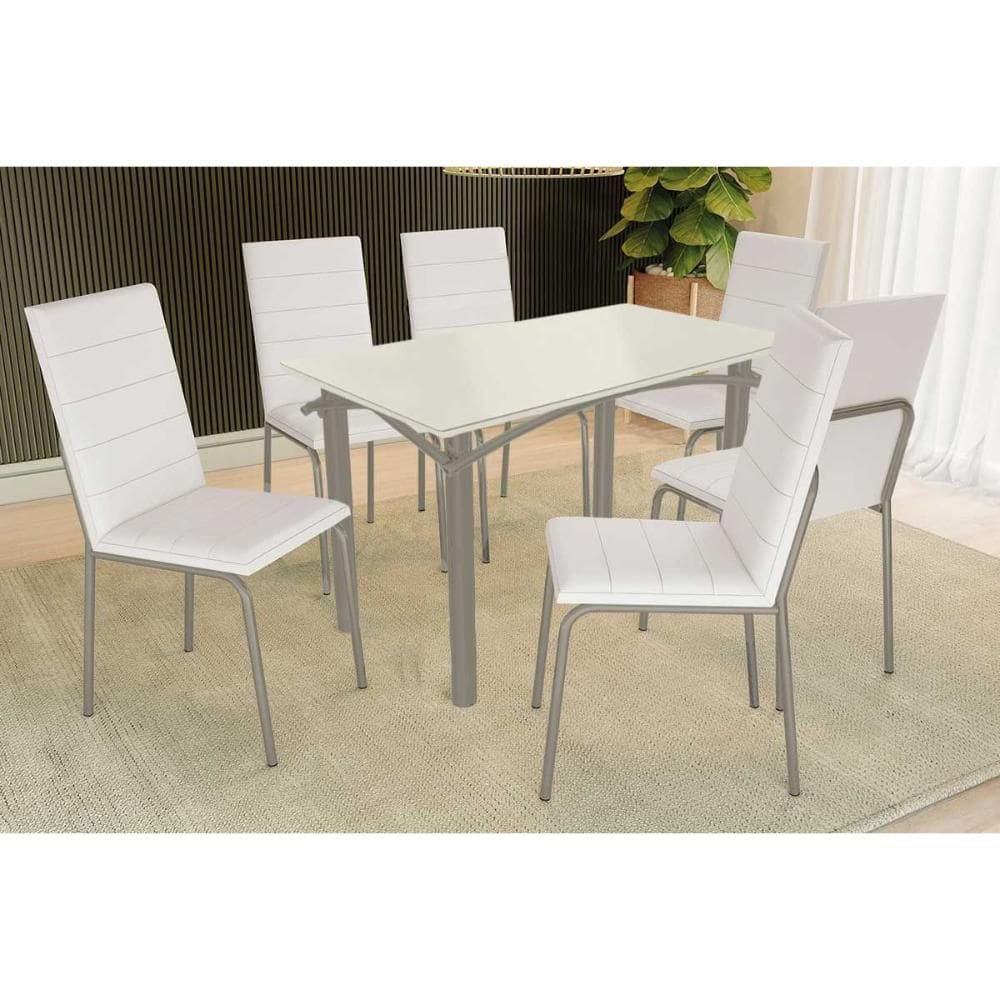 Conjunto: Mesa de Cozinha Elba Tampo Madeirado c/ Vidro 120cm e 6 Cadeiras Amsterdã Niquel/Off White - Courano Branco - Kappesberg