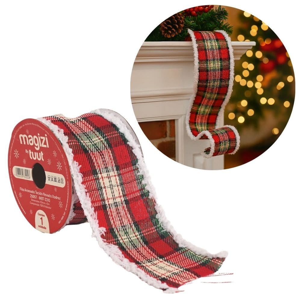 Fita Aramada Natal Tecido Xadrez Borda Nevada 63mm x 5 metros - Magizi