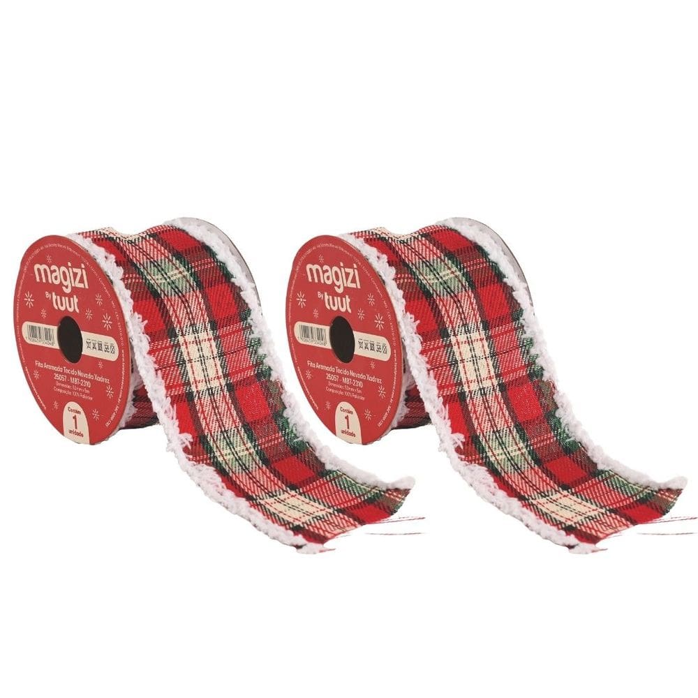 Kit 2 Fitas Aramada Natal Tecido Xadrez Borda Nevada 63mm x 5 metros - Magizi
