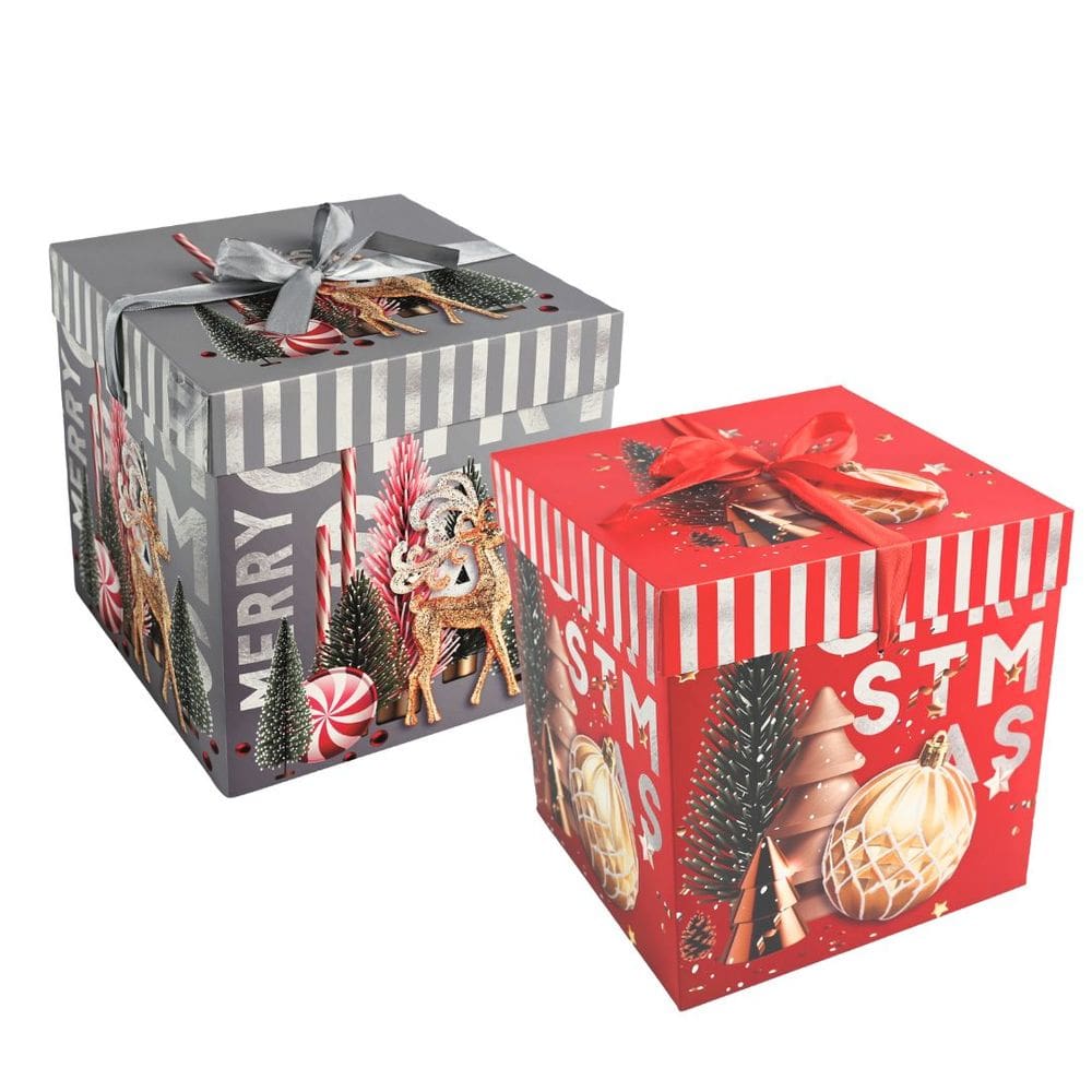 Kit 2 Caixas Embalagem Monta Fácil Decorada Natal Panetone e Presentes Com Laço