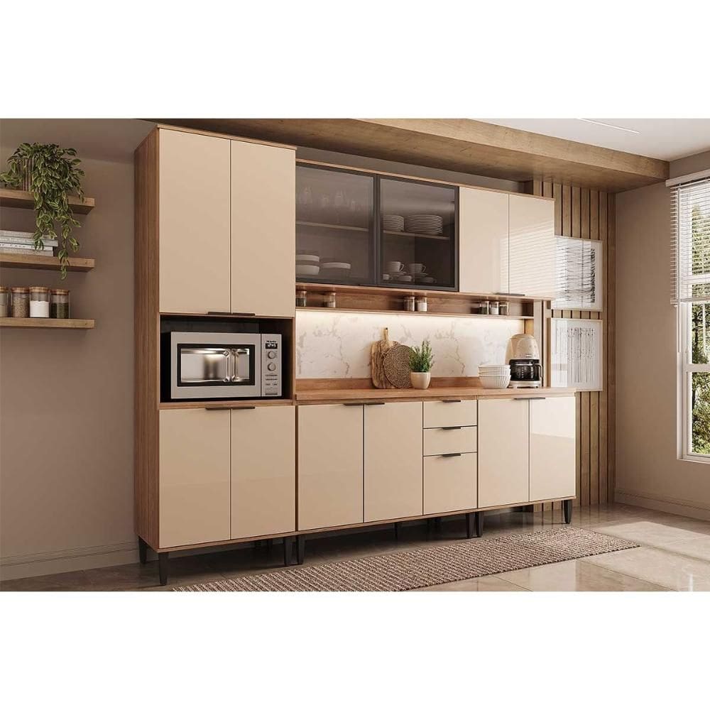 Cozinha Modulada Completa Alpha 5 Peças (2Aéreos+2Balcões+1Paneleiro) C5P130 Freijo/Off White - Carraro