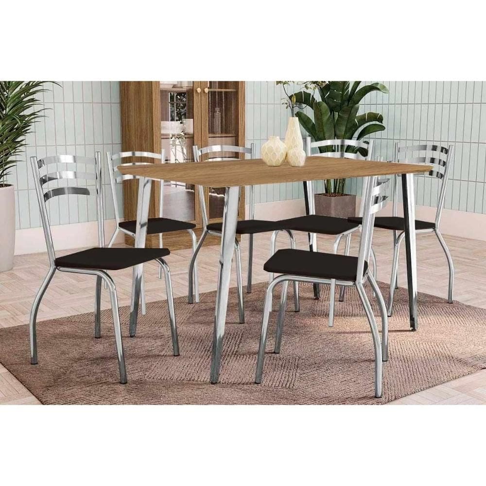 Conjunto: Mesa Sala Jantar Iguaçu c/ Tampo de Madeira 1.60cm + 6 Cadeiras Portugal Cromada - Courano Preto - Kappesberg