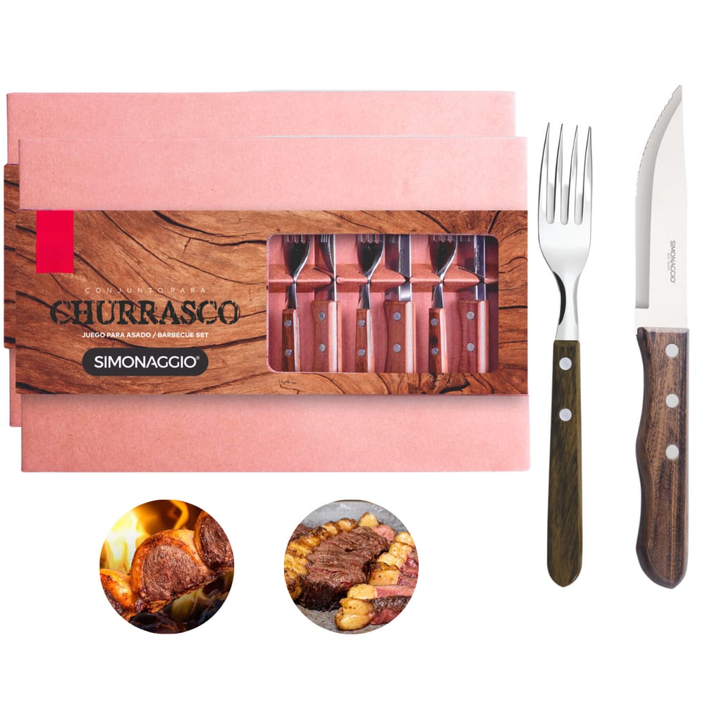 Kit Churrasco Jogo de Talheres Jumbo com Cabo de Madeira 24 peças Simonaggio Serve 12 Pessoas