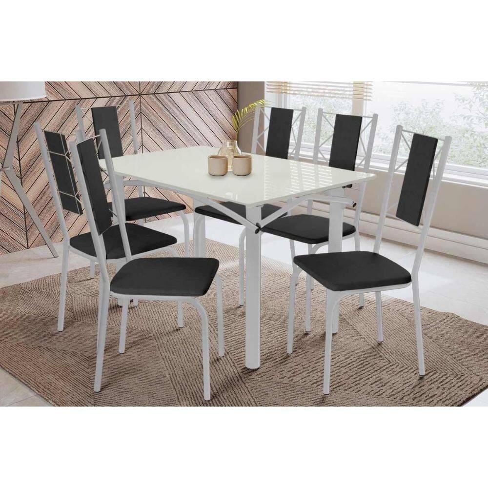 Conjunto: Mesa Sala Jantar Elba Tampo Madeirado c/ Vidro 120cm e 6 Cadeiras Lisboa Cromada/Off White - Courano Preto - Kappesberg
