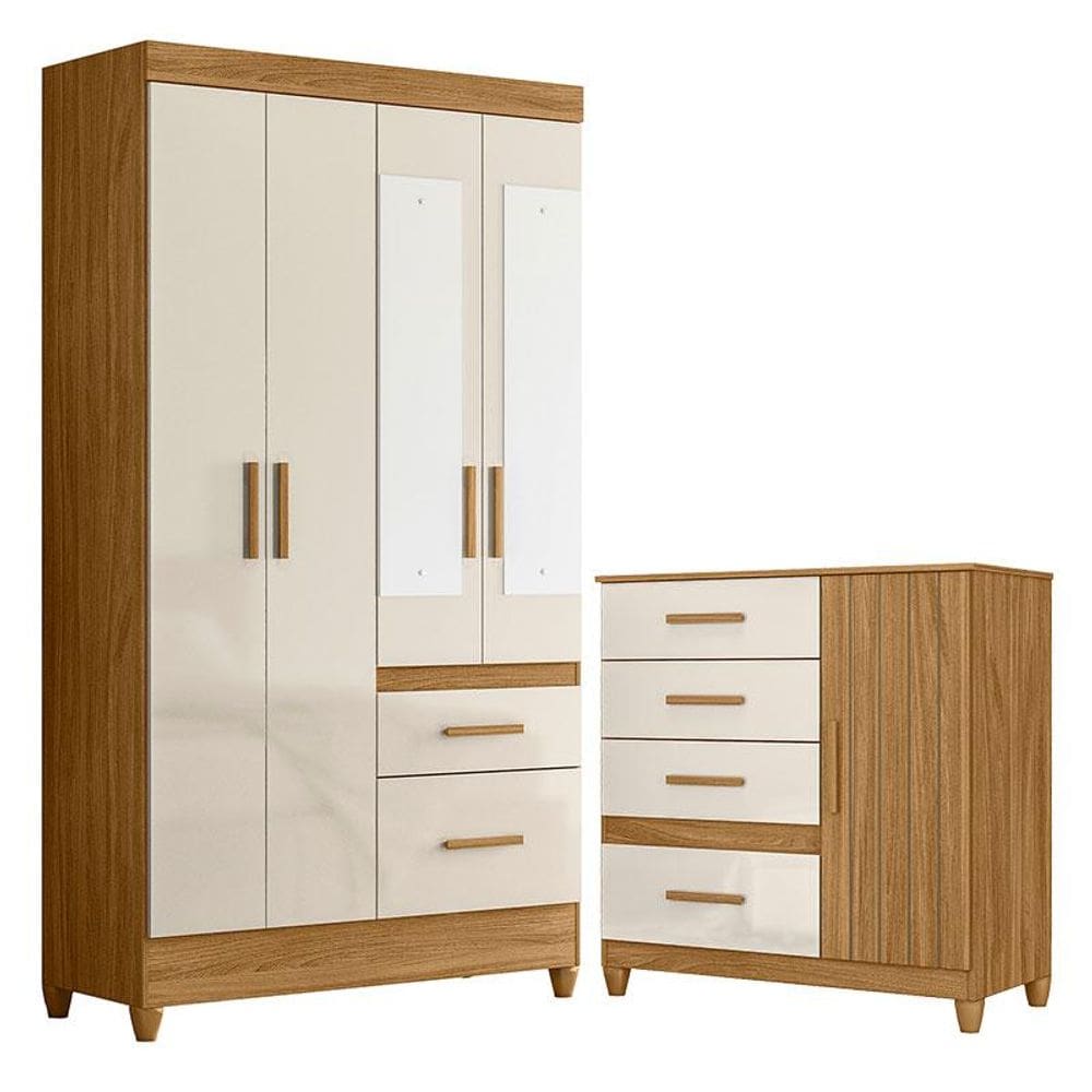 Guarda Roupa Solteiro Madri com espelho e Cômoda Vênus com pés Freijó Off White - Moval