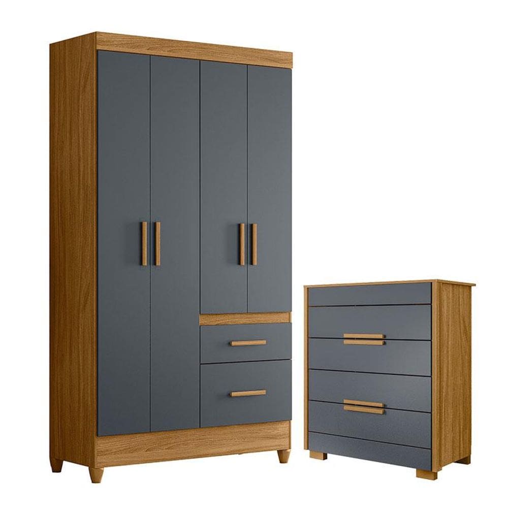 Guarda Roupa Solteiro Madri e Cômoda Dhara Freijó Cinza - Moval