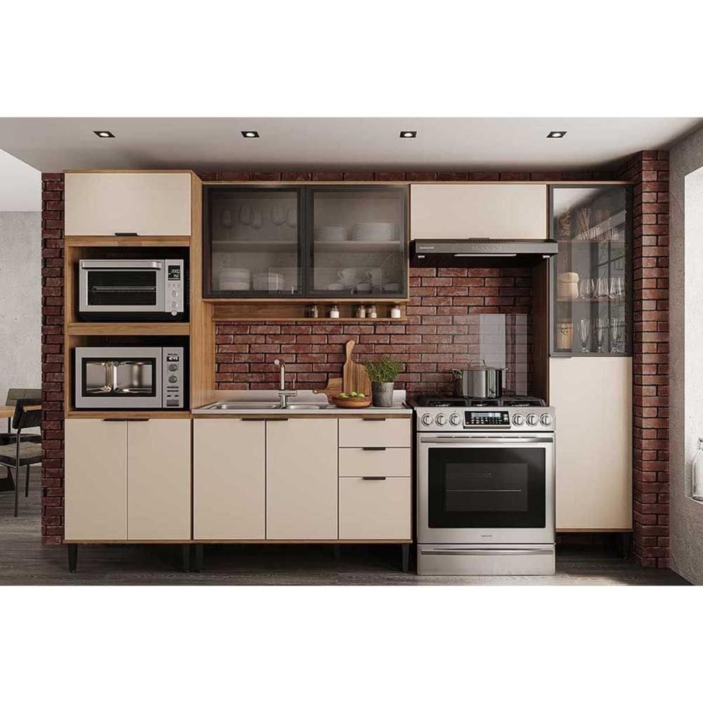Kit Cozinha Modulada 5 Peças Alpha (2Aéreos+1Balcão+1Paneleiro+1TorreQuente) C5P133 Freijo/Off White - Carraro