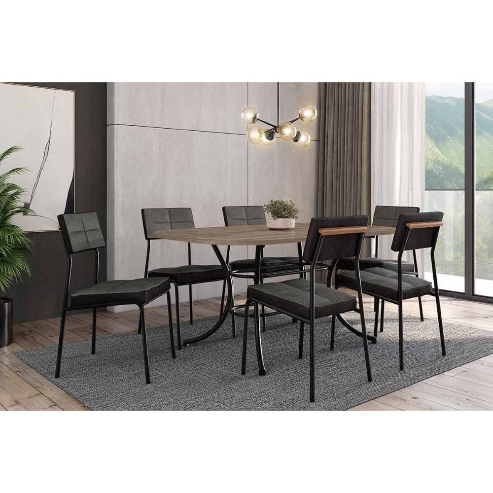 Conjunto: Mesa Sala Jantar 1547 Aço c/ Tampo Madeirado 160x90cm e 6 Cadeiras Neo Preto/Legno - Preto/Grafite - Preto - Carraro