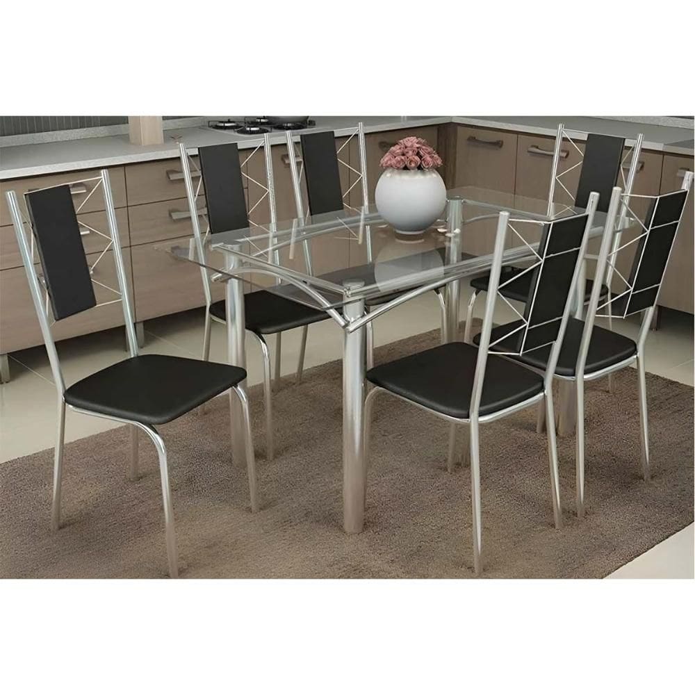 Conjunto: Mesa Sala Jantar Elba c/ Tampo de Vidro 120cm e 6 Cadeiras Lisboa Cromada - Courano Preto - Kappesberg