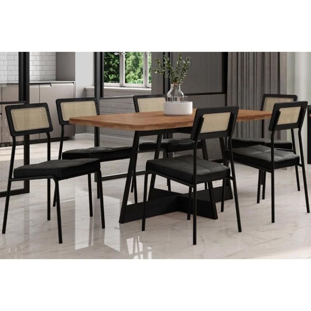 Conjunto: Mesa Sala Jantar Átria 1592 Aço c/ Tampo Madeirado 160x90cm e 6 Cadeiras Lux Preto/Nogal - Preto/Grafite - Preto - Carraro