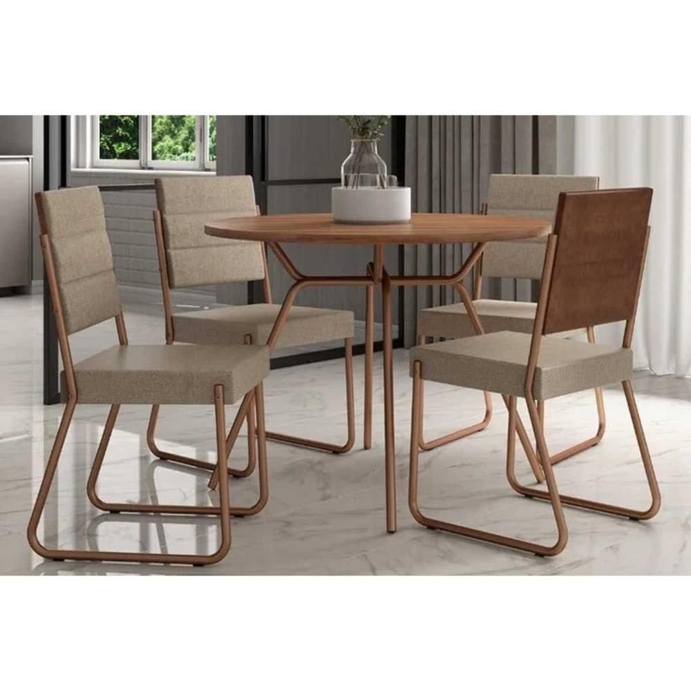Conjunto: Mesa Sala Jantar 1588 Aço c/ Tampo Madeirado 100x100cm e 4 Cadeiras 1736 Rose/Freijo/Nogal - Rose/Areia - Caramelo - Carraro