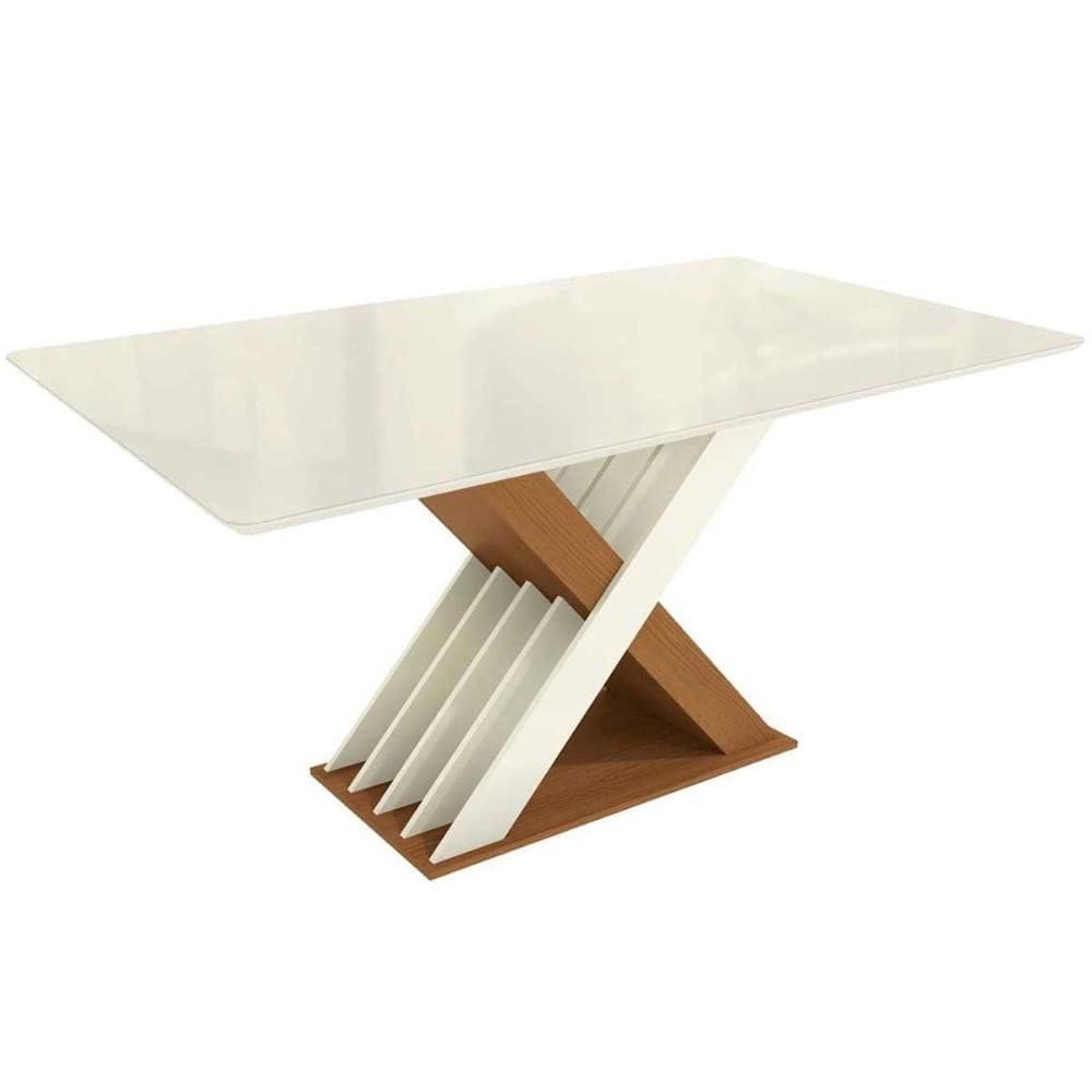 Mesa p/ Cozinha Graviola c/ Tampo Madeirado c/ Vidro 160x90cm Canela/Off White/Vidro Off White - Kappesberg
