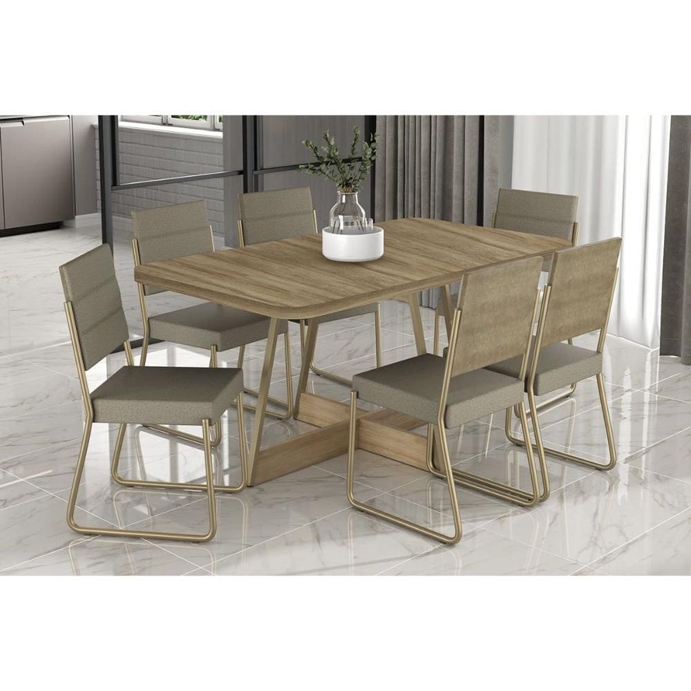 Conjunto: Mesa de Cozinha Átria 1592 Aço c/ Tampo Madeirado 160x90cm e 6 Cadeiras 1736 Dourado/Noce/Carvalho - Linho/ano ,Bamboo - Carraro