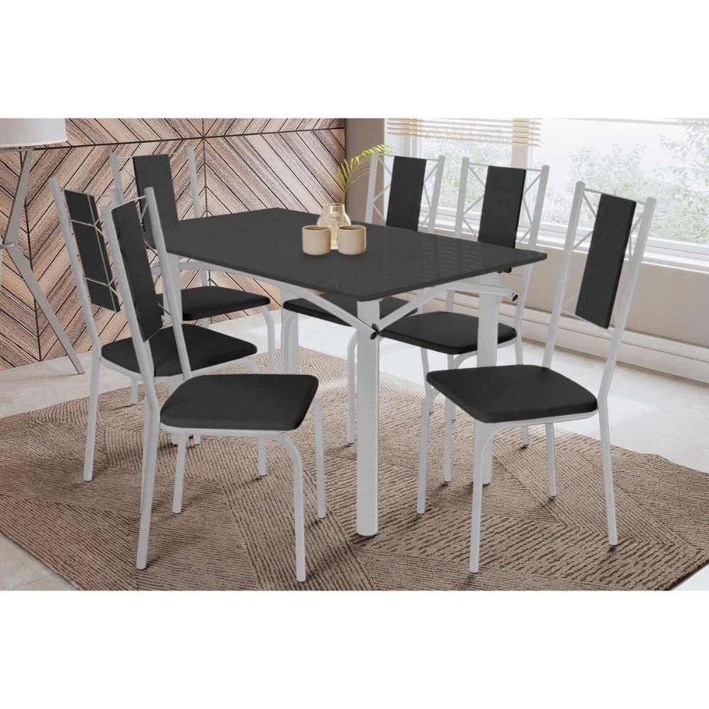 Conjunto: Mesa de Cozinha Elba Tampo Madeirado c/ Vidro 120cm e 6 Cadeiras Lisboa Cromada/Preto - Courano Preto - Kappesberg