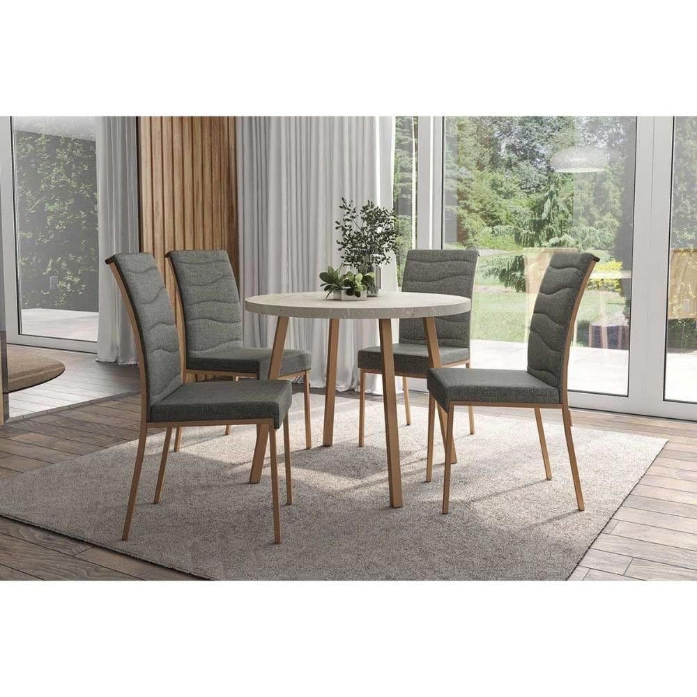 Conjunto: Mesa Sala Jantar Stellar 1599 Aço c/ Tampo Madeirado 100x100cm e 4 Cadeiras Wave Rose/Petra - Rose/Grafite/Caramelo/Freijo - Carraro