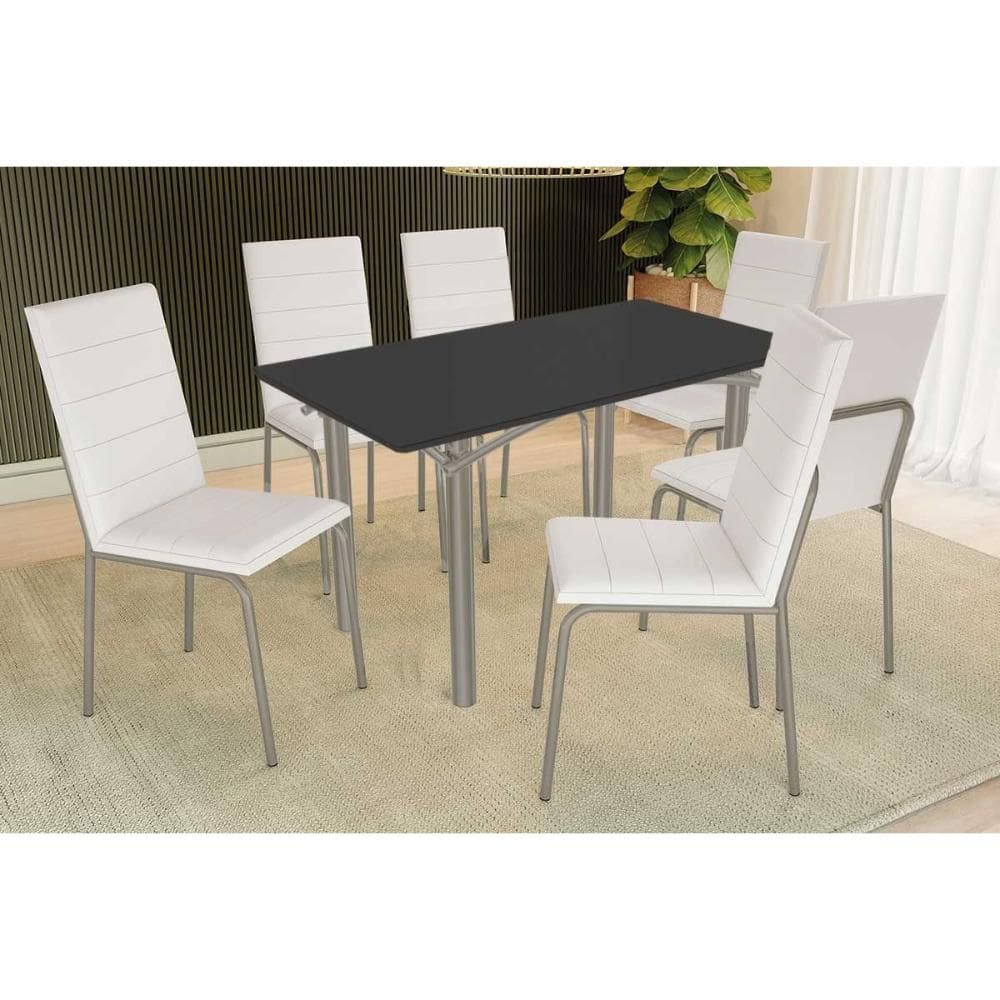 Conjunto: Mesa de Cozinha Elba Tampo Madeirado c/ Vidro 160cm e 6 Cadeiras Amsterdã Niquel/Preto - Courano Branco - Kappesberg