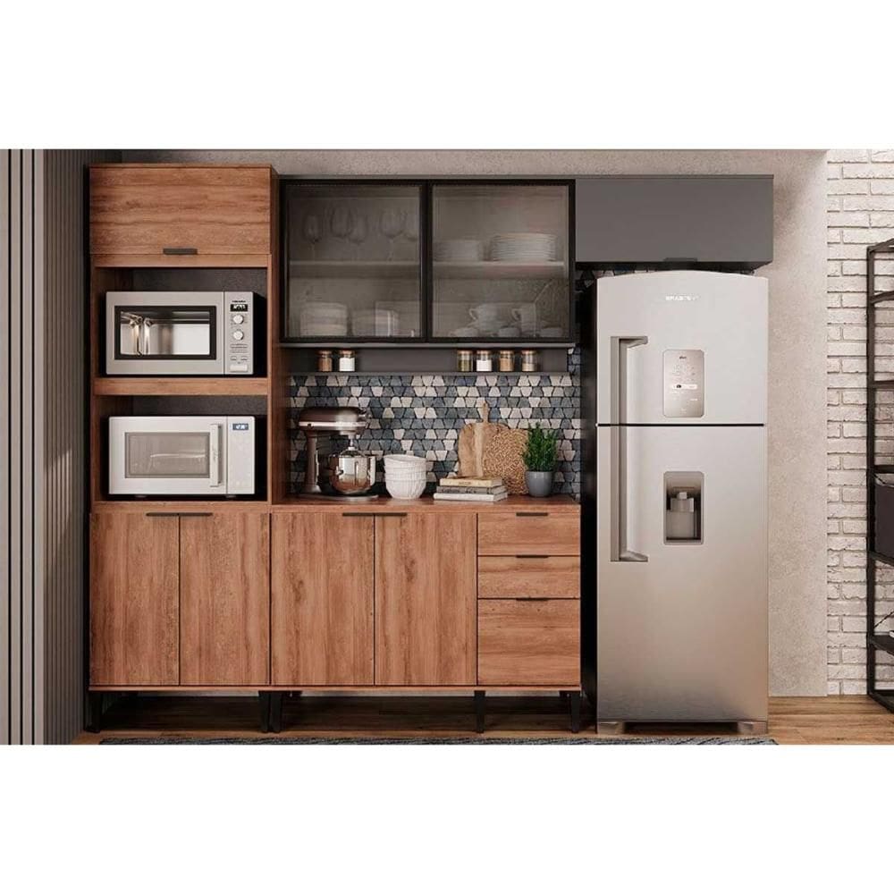 Kit de Cozinha Completa 4 Peças Alpha (2Aéreos+1Balcão+1TorreQuente) C4P204 Freijo/Cinza - Carraro