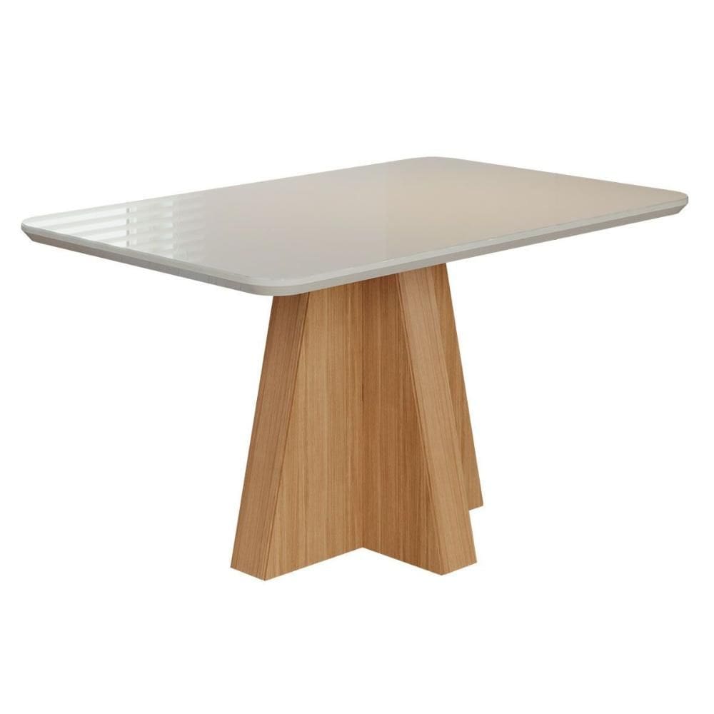 Mesa Multiuso Cozinha Maitê c/ Tampo Madeirado c/ Vidro Canto Curvo 130X80cm Nature/Off White - Cimol