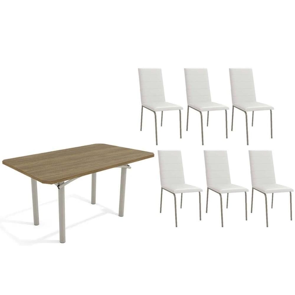 Conjunto: Mesa de Cozinha Elba c/ Tampo de Madeira 160cm e 6 Cadeiras Amsterdã Niquel/Nogueira - Courano Branco - Kappesberg