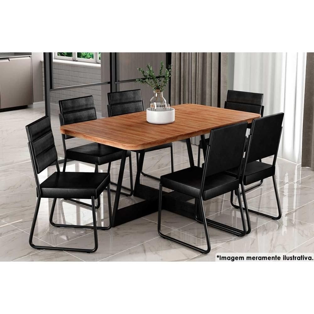 Conjunto: Mesa Sala Jantar Átria 1592 Aço c/ Tampo Madeirado 160x90cm e 6 Cadeiras 1736 Preto/Nogal - Preto/Grafite - Preto - Carraro