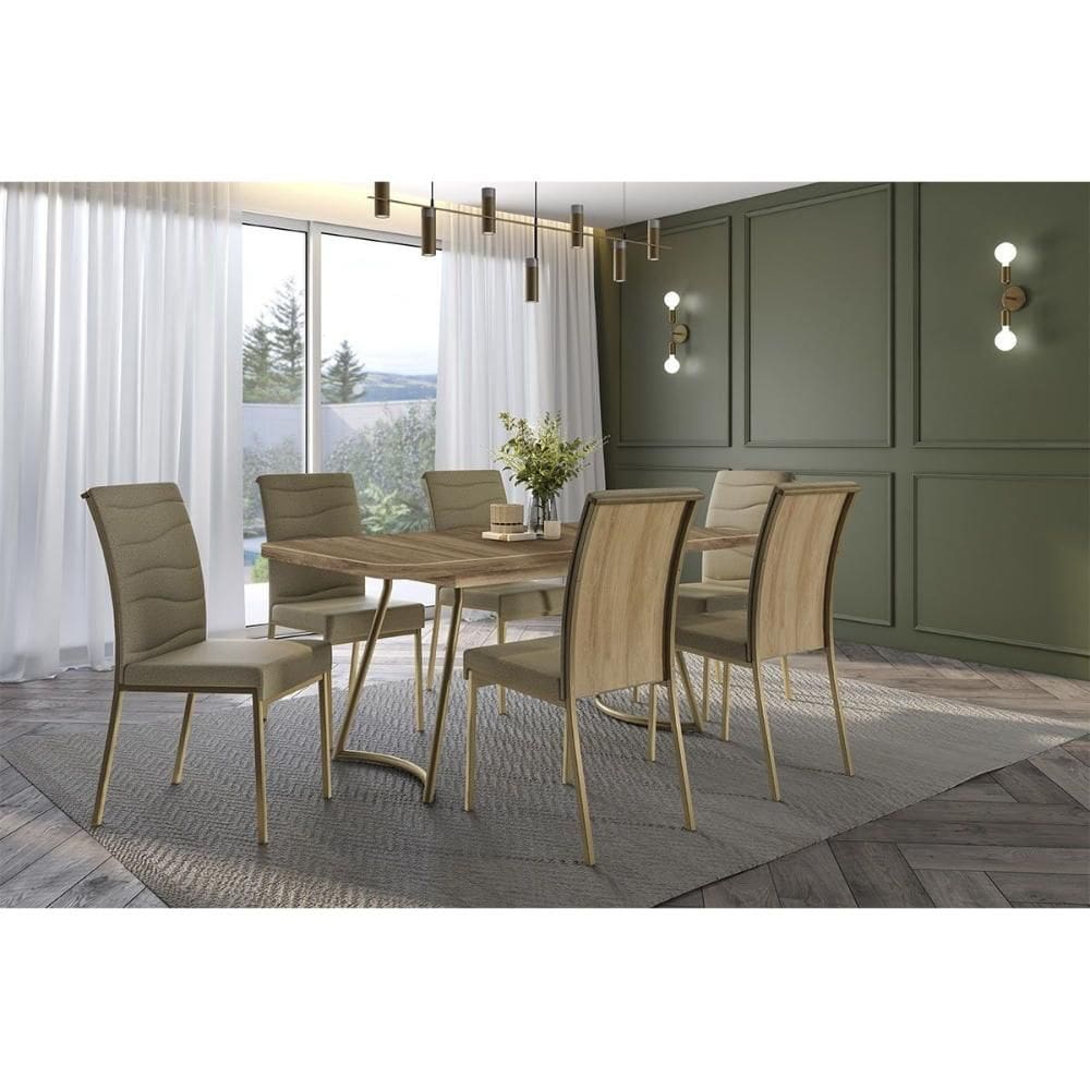 Conjunto: Mesa Sala Jantar Évora 1603 Aço c/ Tampo Madeirado 170x90cm e 6 Cadeiras Wave Dourado/Noce/Carvalho - Linho/ano ,Bamboo - Carraro