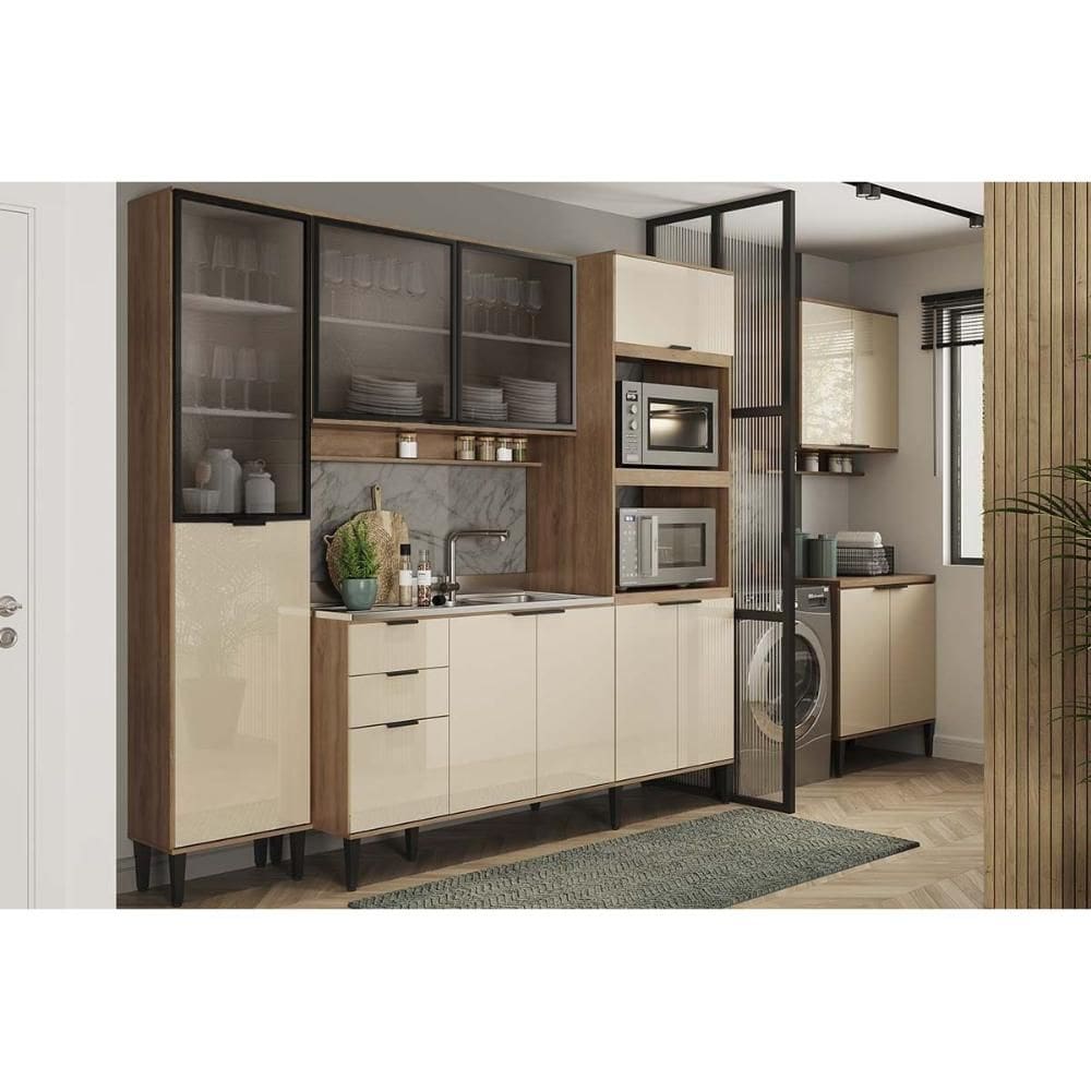 Cozinha Modulada Completa Alpha 6 Peças (2Aéreos+2Balcões+1Paneleiro+1TorreQuente) C6P106 Freijo/Off White - Carraro