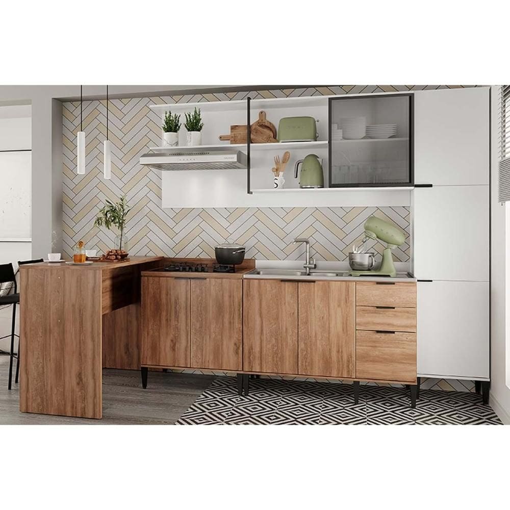 Cozinha Modulada Carraro Alpha Alpha 5 Peças (1Aéreo+2Balcões+1Paneleiro+1Ilha) C5P133 Freijo/Branco-Carraro