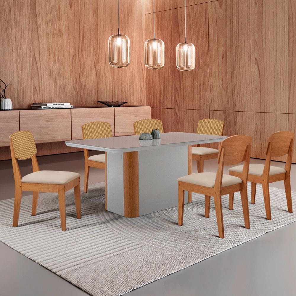 Mesa de Jantar Isadora 180cm Tampo MDF Vidro com 6 Cadeiras Copper Premium