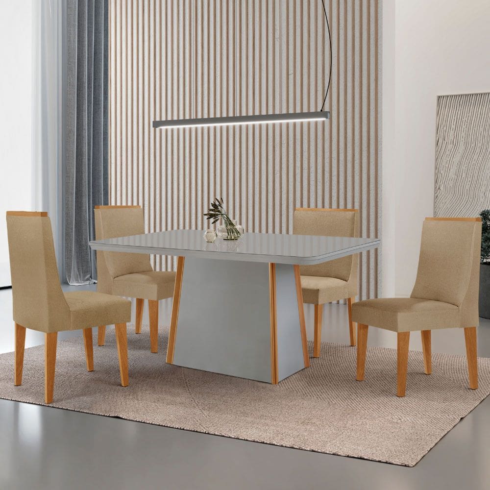 Mesa de Jantar Diane 120cm Tampo MDF Vidro com 4 Cadeiras Lisboa Moderna Mobília