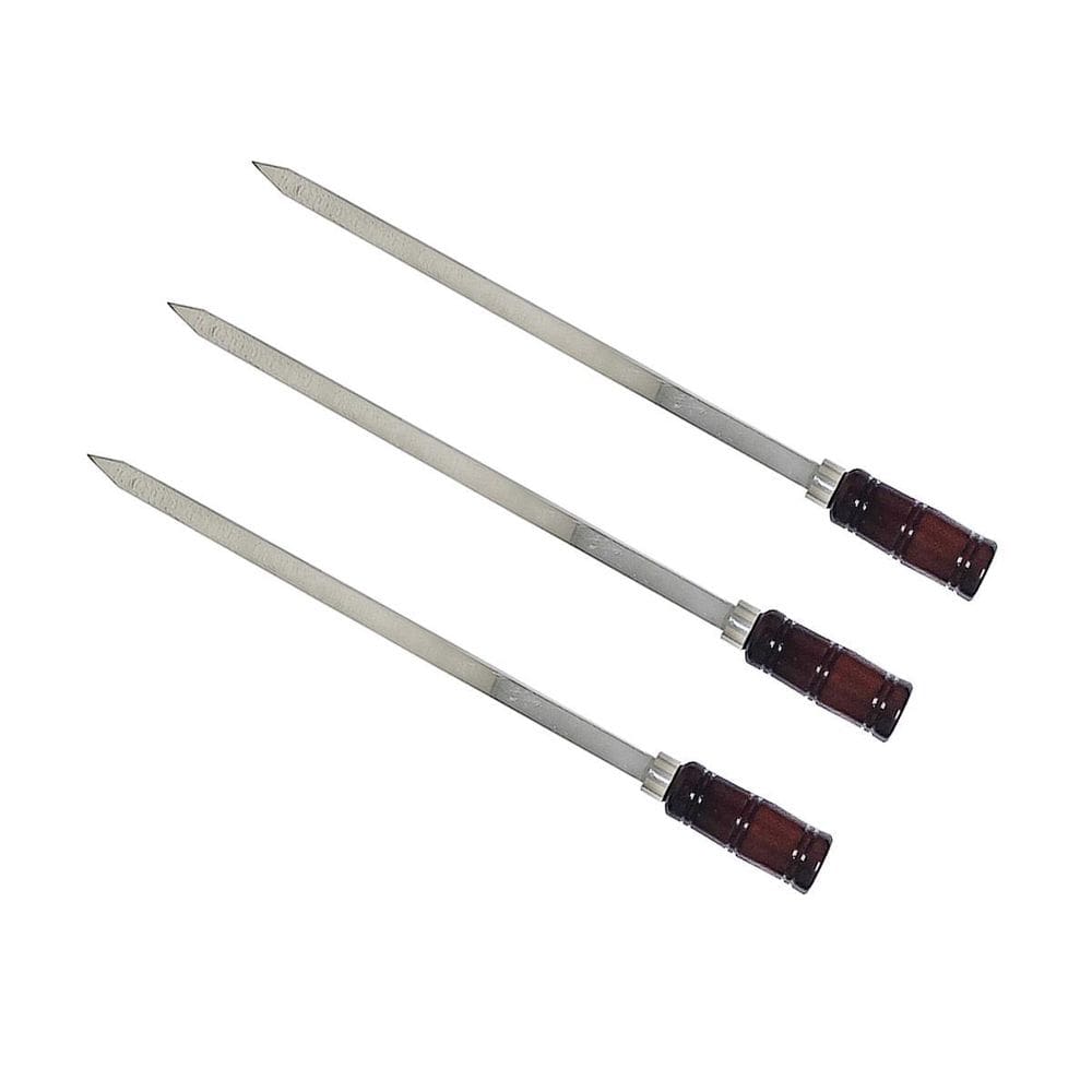 Kit 3 Espetos Para Churrasco 60Cm Alumínio Cabo De Madeira