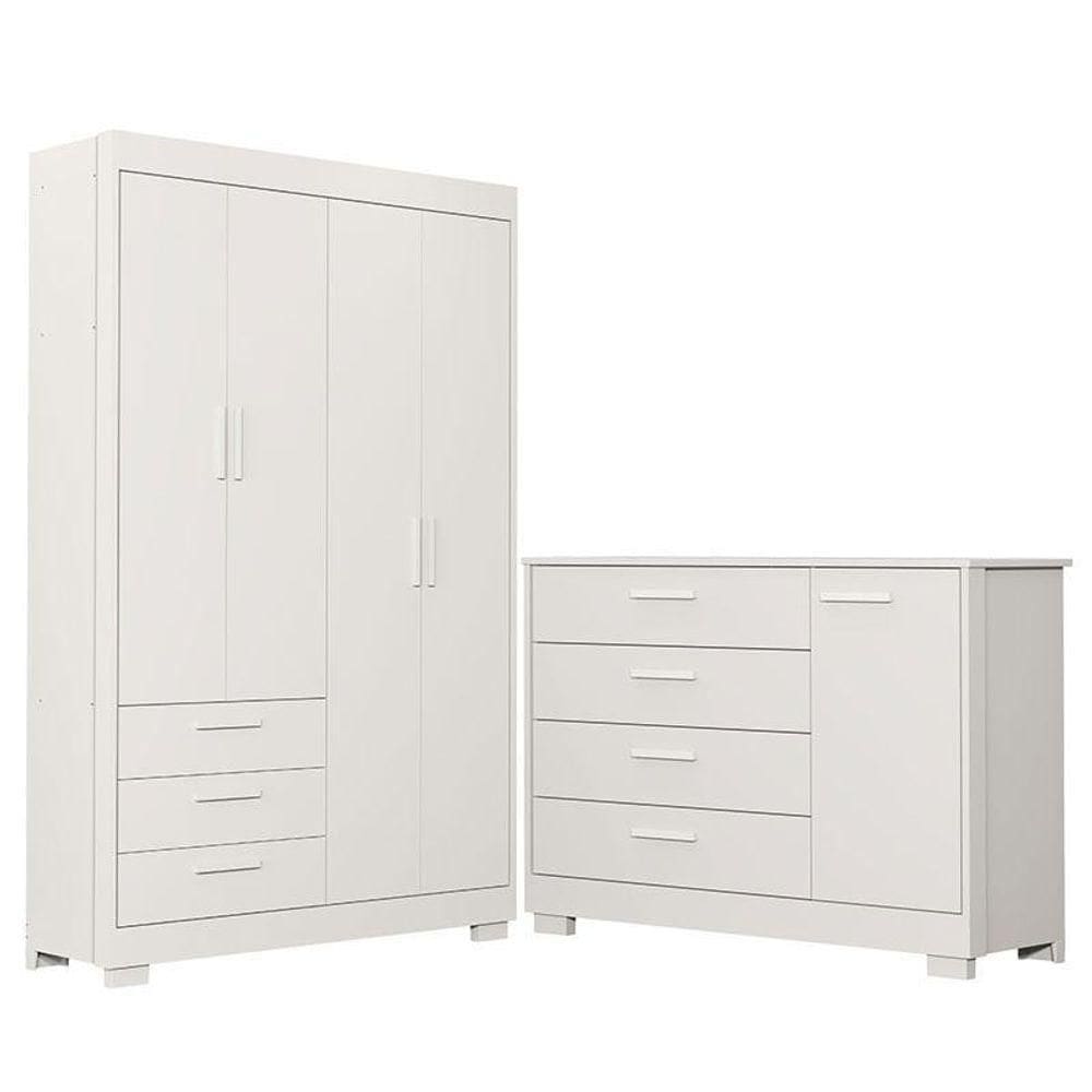 Cômoda Com Porta E Guarda Roupa 4 Portas Infantil Zaki Branco Acetinado - Reller