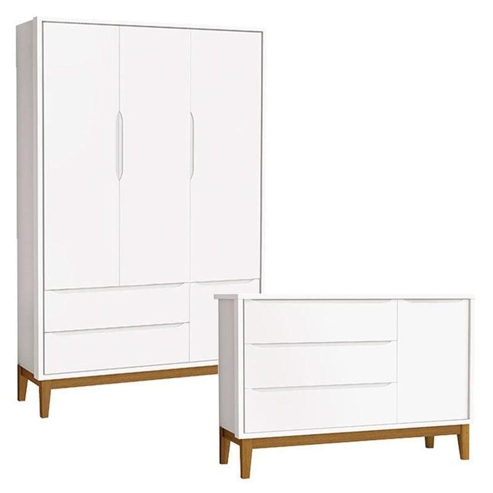Cômoda Infantil E Guarda Roupa 3 Portas New Classic Branco Com Pés Madeira ? Reller