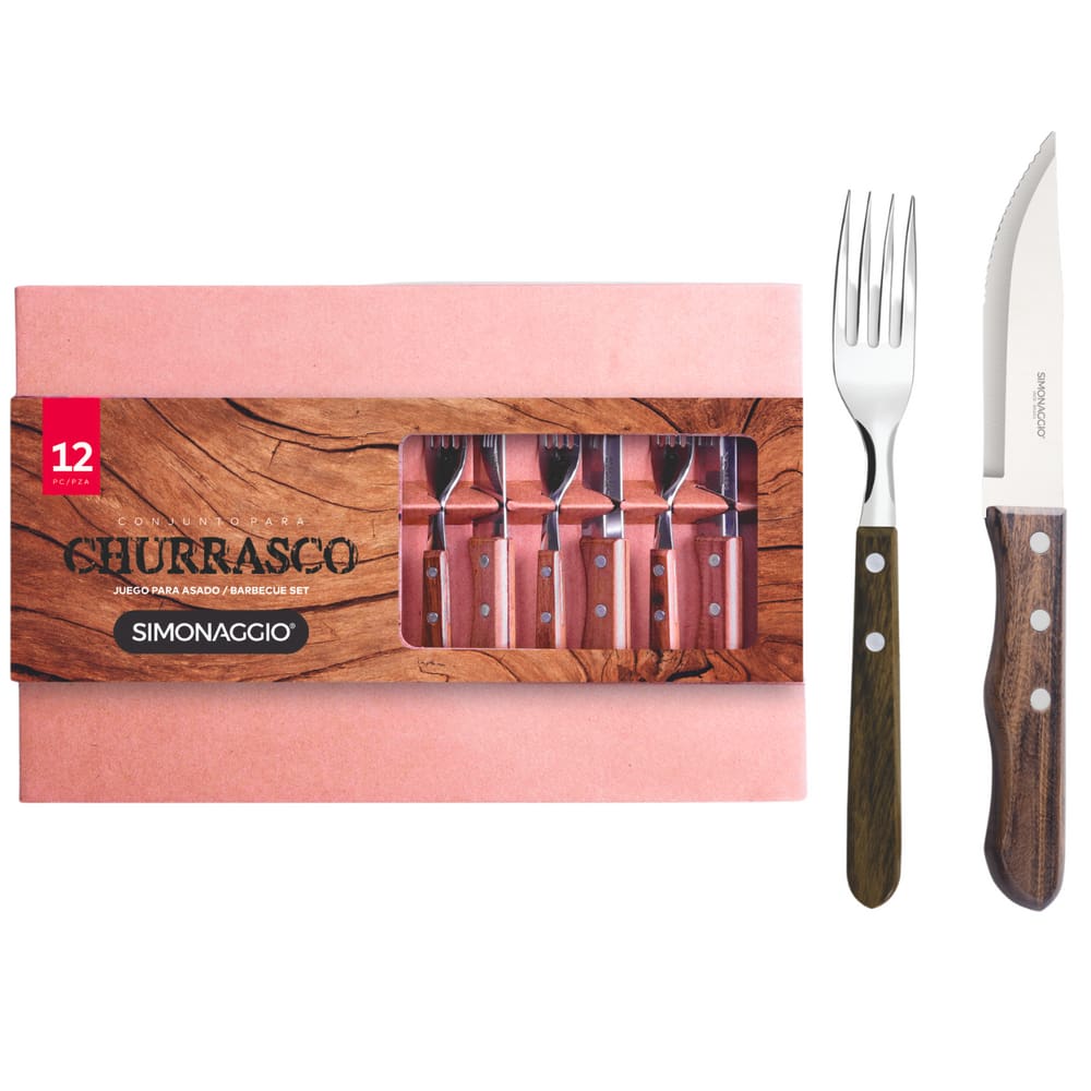 Kit Churrasco Jogo de Talheres Jumbo com Cabo de Madeira 12 peças Simonaggio Serve 6 Pessoas