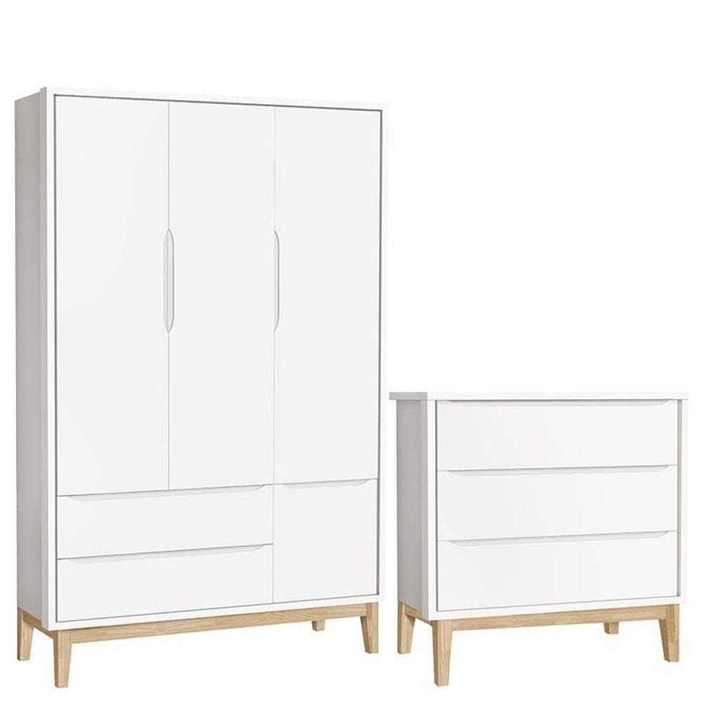 Cômoda Gaveteiro E Guarda Roupa Infantil 3 Portas New Classic Branco Com Pés Madeira Natural - Reller