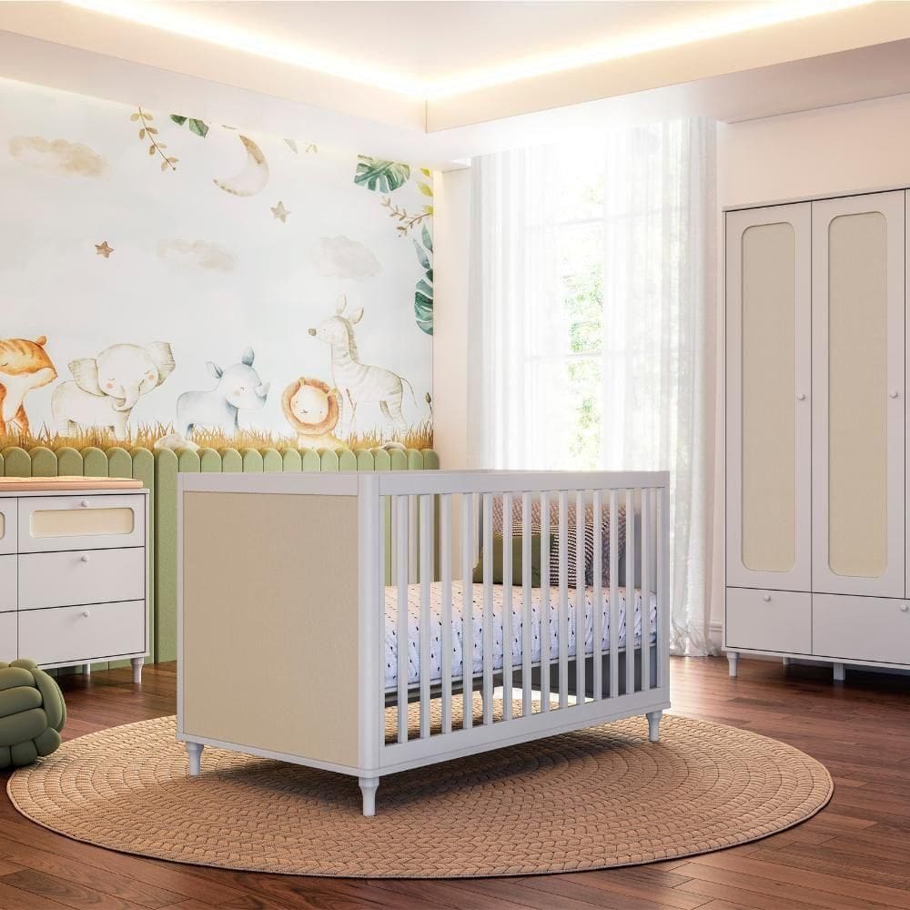 Quarto Bebê Completo Berço Cômoda Guarda Roupa Fofura Rattan Branco