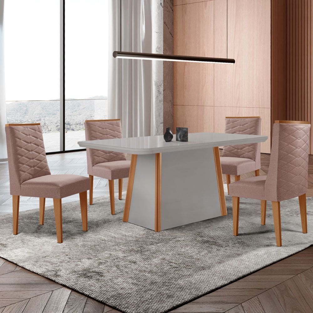 Mesa de Jantar Diane 120cm Tampo MDF Vidro com 4 Cadeiras Safira Moderna Mobília