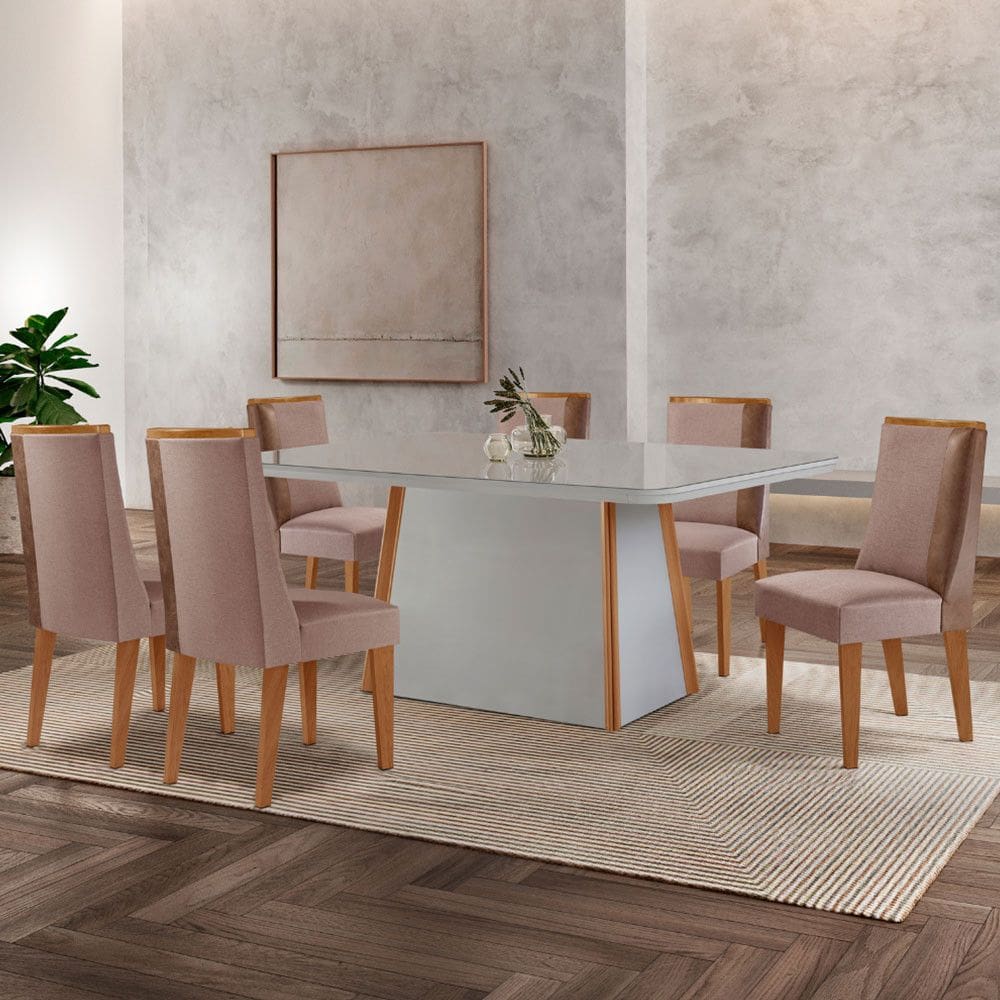 Mesa de Jantar Diane 180cm Tampo MDF Vidro com 6 Cadeiras Diane Moderna Mobília