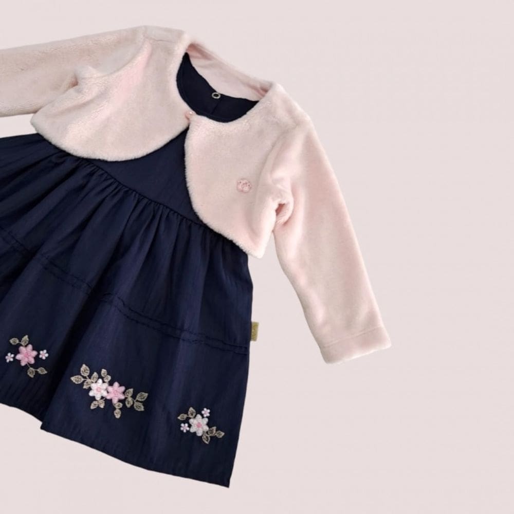 Vestido Bebê Menina Tricoline Bordado + Bolero Paraiso 14683