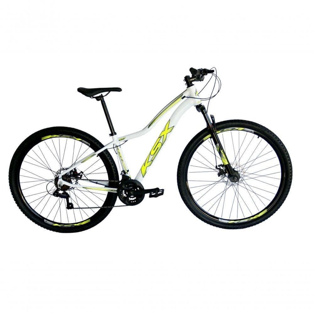 Bicicleta Aro 29 Ksx Sd7 Feminina 21v Cabos Internos Alumínio Freios A Disco Garfo Suspensão Branco Amarelo Tamanho 15