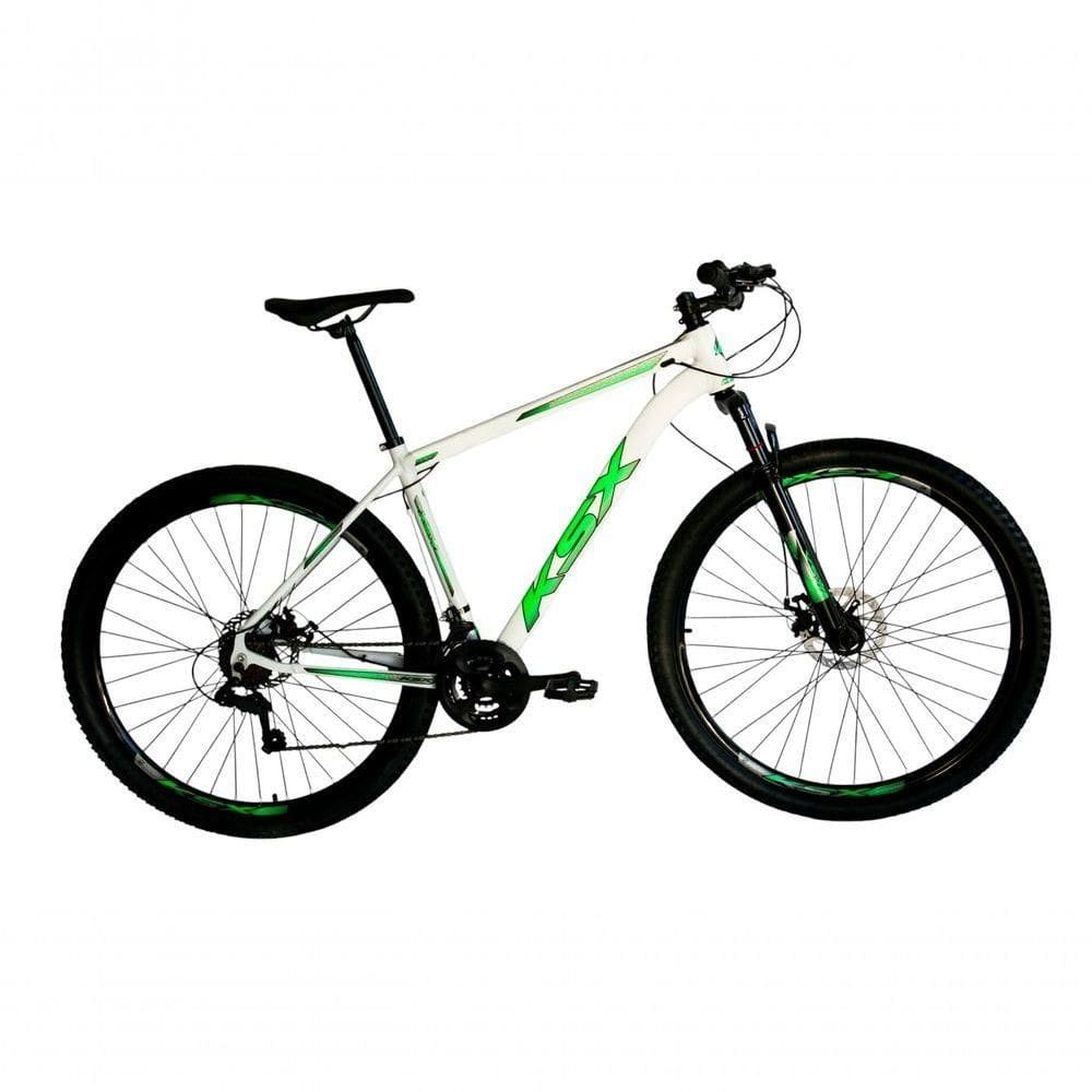 Bicicleta Aro 29 Ksx Sd7 21v Cabos Internos Alumínio Freios A Disco Garfo Suspensão Branco Verde Tamanho 17