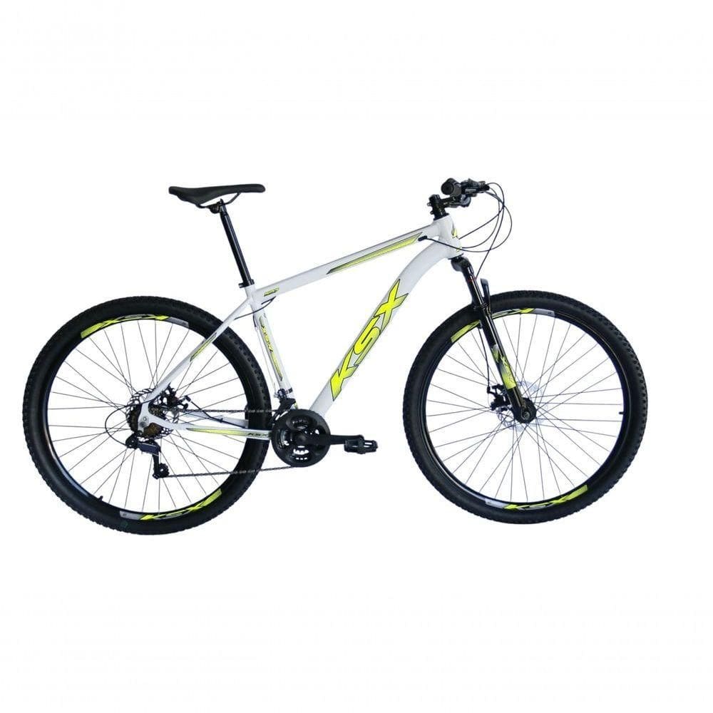 Bicicleta Aro 29 Ksx Sd7 21v Cabos Internos Alumínio Freios A Disco Garfo Suspensão Branco Amarelo Tamanho 15