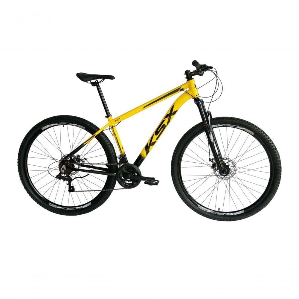 Bicicleta Aro 29 Ksx Sd7 21v Cabos Internos Alumínio Freios A Disco Garfo Suspensão Preto Amarelo Tamanho 19