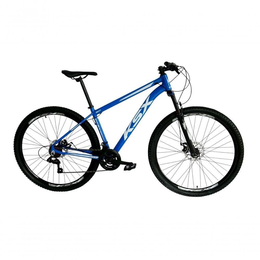 Bicicleta Aro 29 Ksx Sd7 21v Cabos Internos Alumínio Freios A Disco Garfo Suspensão Azul Branco Tamanho 19
