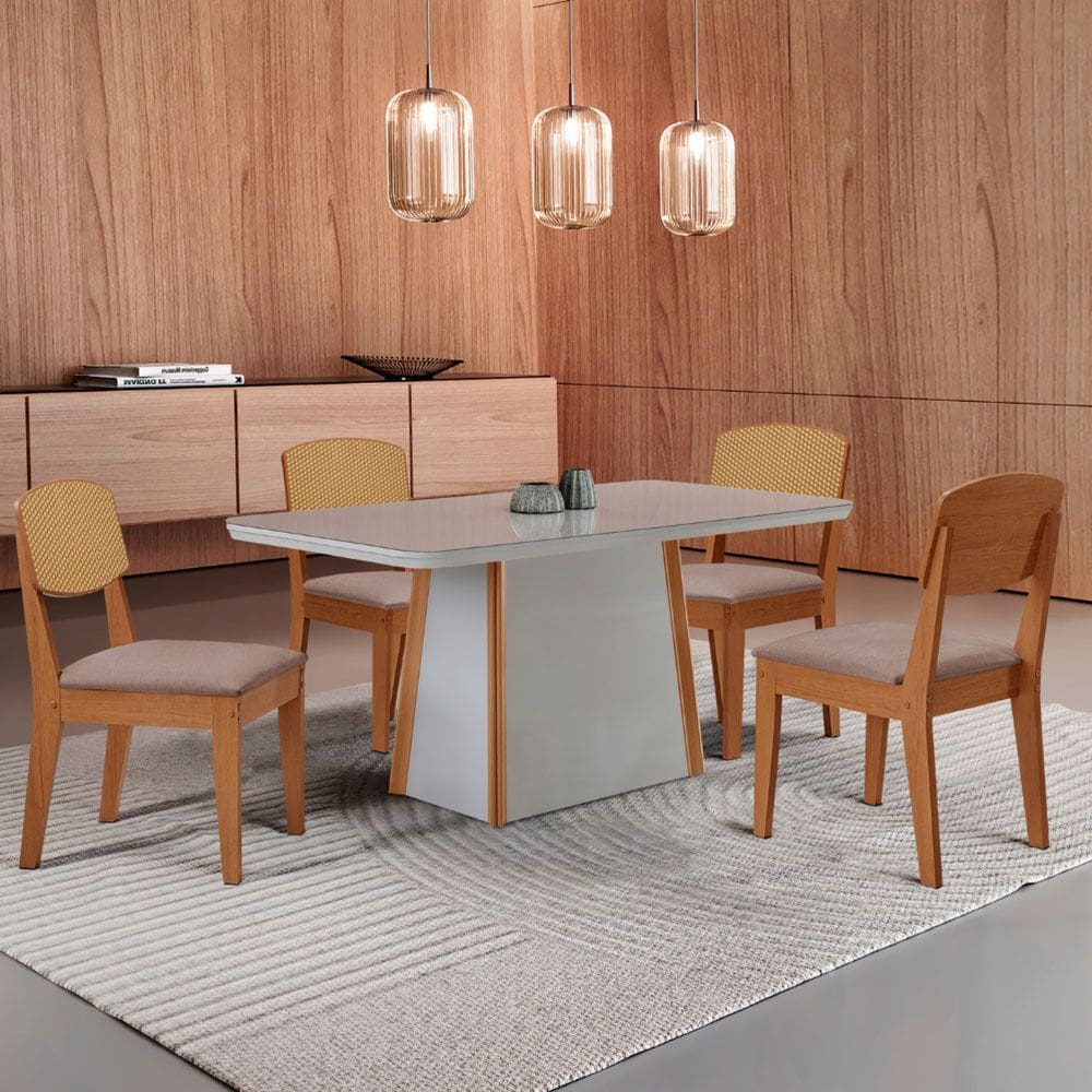 Mesa de Jantar Diane 120cm Tampo MDF Vidro com 4 Cadeiras Copper Premium Moderna Mobília