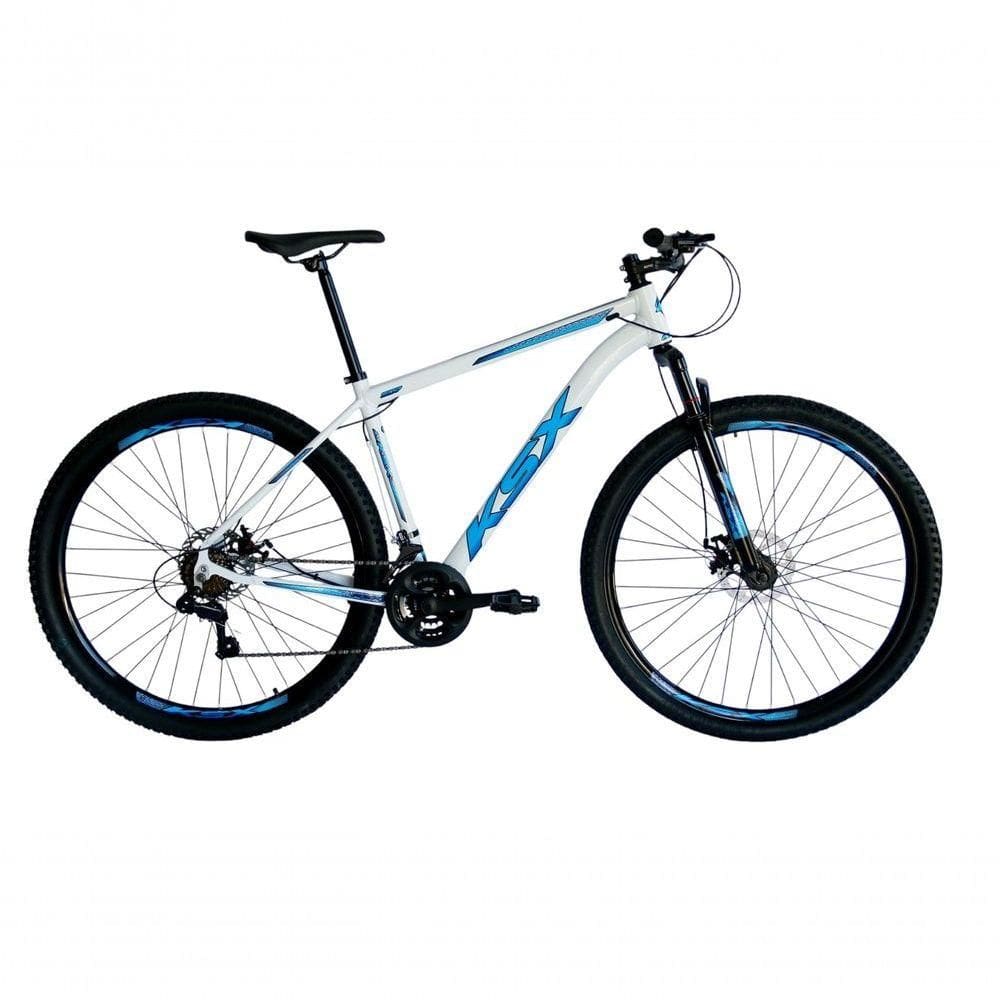 Bicicleta Aro 29 Ksx Sd7 21v Cabos Internos Alumínio Freios A Disco Garfo Suspensão Branco Azul Tamanho 19