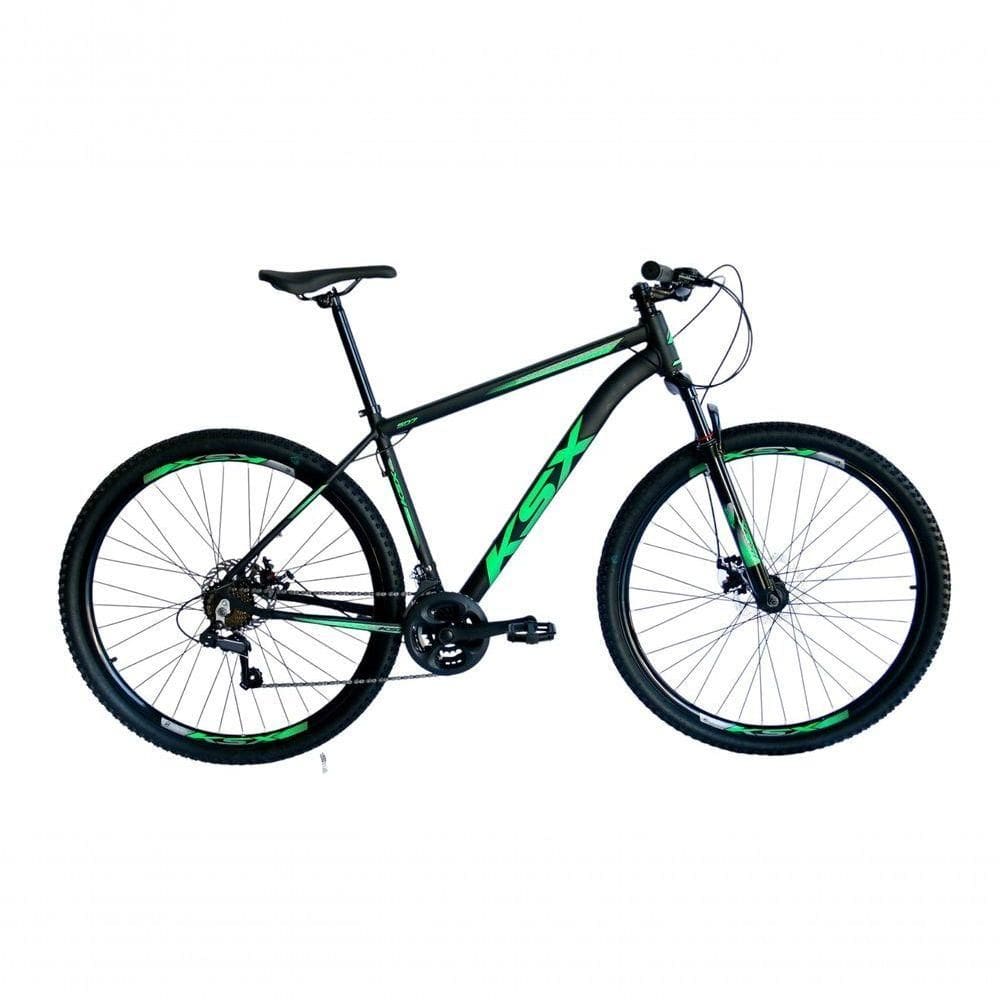 Bicicleta Aro 29 Ksx Sd7 21v Cabos Internos Alumínio Freios A Disco Garfo Suspensão Preto Verde Tamanho 15